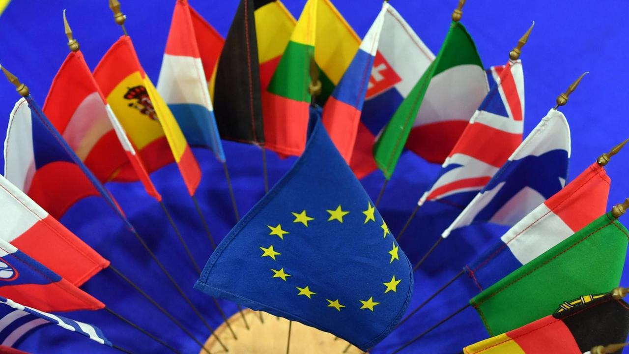 Die Flaggen der Mitgliedsstaaten der EU sind zusammen mit der EU-Flagge auf einem Tisch im Europäischen Informationszentrum aufgestellt, fotografiert am 08.02.2017 in Erfurt (Thüringen). Foto: Jens Kalaene/dpa-Zentralbild/ZB | Verwendung weltweit