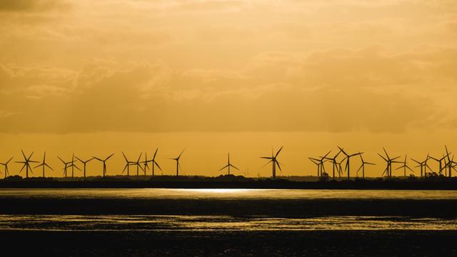 Im Licht der aufgehenden Sonne sind am Horizont mehrere Windkrafträder zu sehen Im Licht der aufgehenden Sonne sind am Horizont mehrere Windkrafträder zu sehen