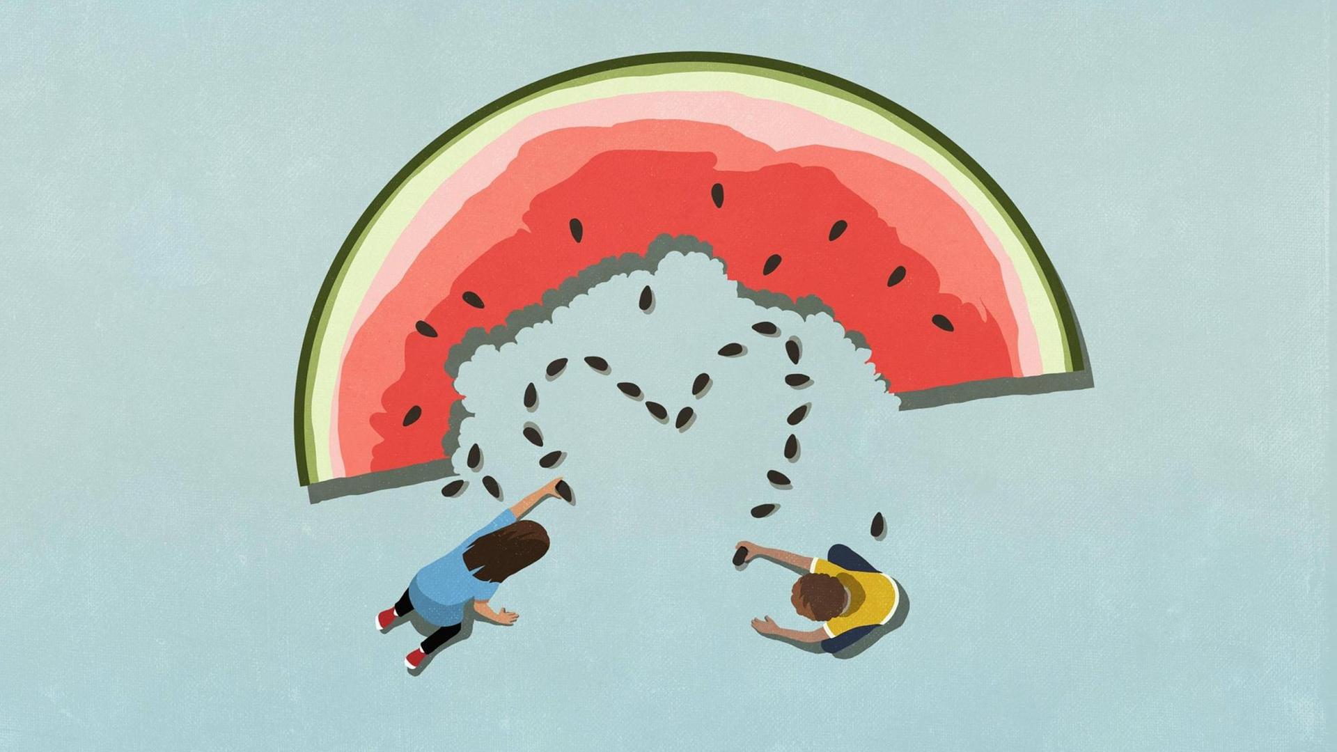 Illustration: Ein Mädchen und ein Junge formen ein Herz aus Wassermelonenkernen. Illustration: Ein Mädchen und ein Junge formen ein Herz aus Wassermelonenkernen.
