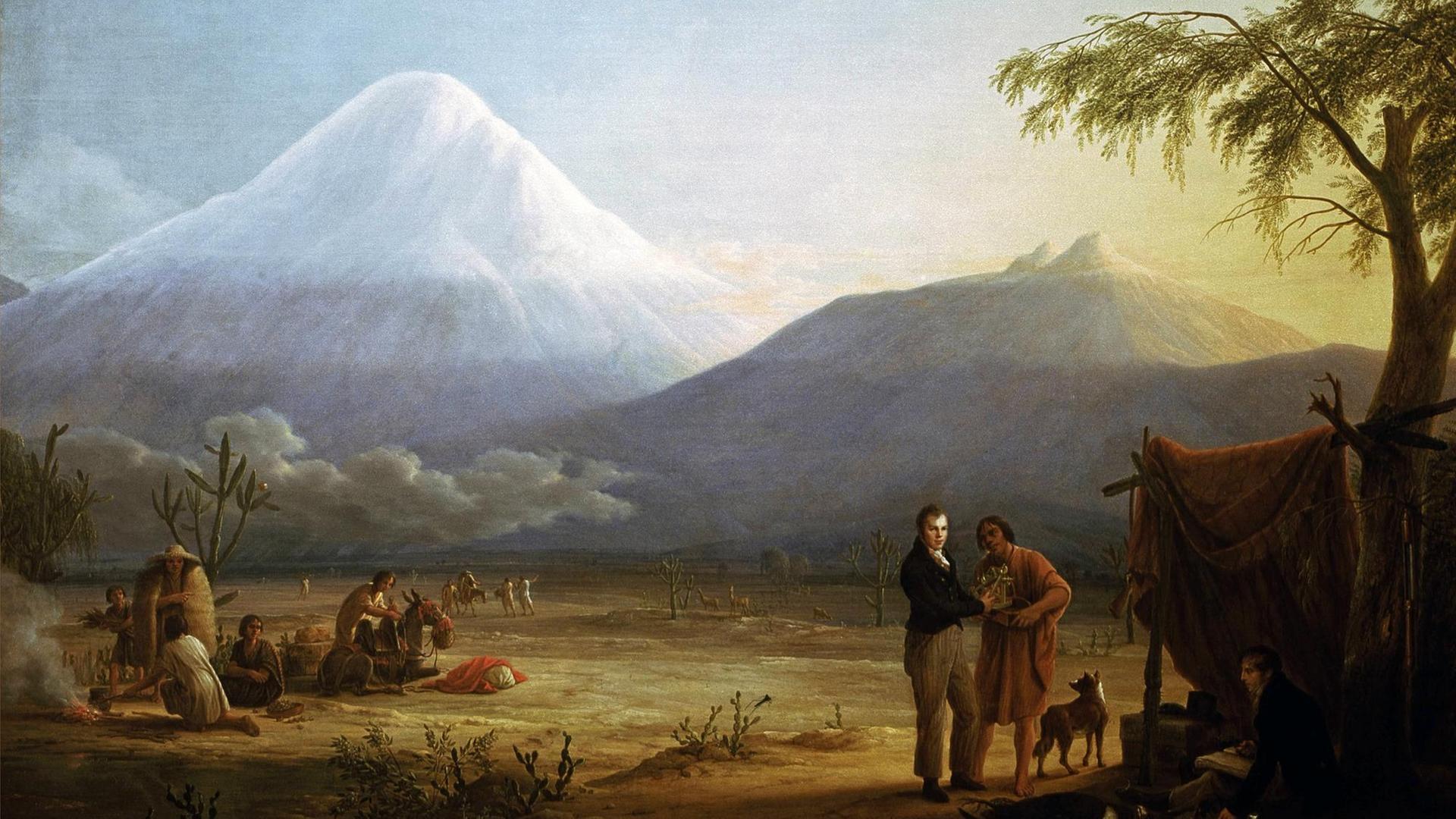 Das Gemälde zeigt Alexander von Humboldt, Naturforscher und Geograph mit dem französischen Arzt und Botaniker Aimé Bonpland im Tal von Tapia am Fuß des Vulkans Chimborazo. Aus dem Jahr 1810, gemalt von Friedrich Georg Weitsch (17581828). Öl auf Leinwand. Das Gemälde zeigt Alexander von Humboldt, Naturforscher und Geograph mit dem französischen Arzt und Botaniker Aimé Bonpland im Tal von Tapia am Fuß des Vulkans Chimborazo. Aus dem Jahr 1810, gemalt von Friedrich Georg Weitsch (17581828). Öl auf Leinwand.
