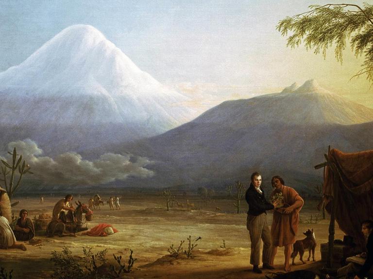 Das Gemälde zeigt Alexander von Humboldt, Naturforscher und Geograph mit dem französischen Arzt und Botaniker Aimé Bonpland im Tal von Tapia am Fuß des Vulkans Chimborazo. Aus dem Jahr 1810, gemalt von Friedrich Georg Weitsch (17581828). Öl auf Leinwand.