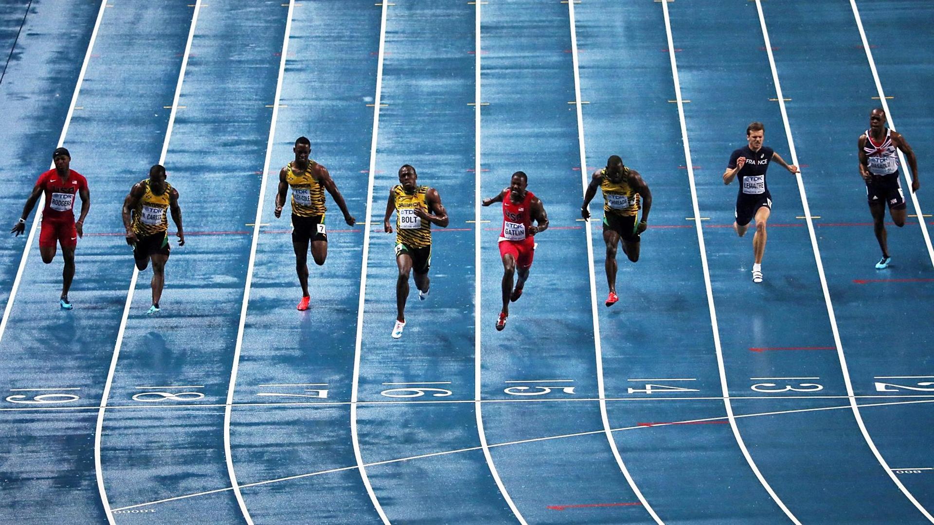 100-Meter-Finale bei der Leichtathletik-Weltmeisterschaft 2013 in Moskau, unter anderem mit Usain Bolt. 100-Meter-Finale bei der Leichtathletik-Weltmeisterschaft 2013 in Moskau, unter anderem mit Usain Bolt.