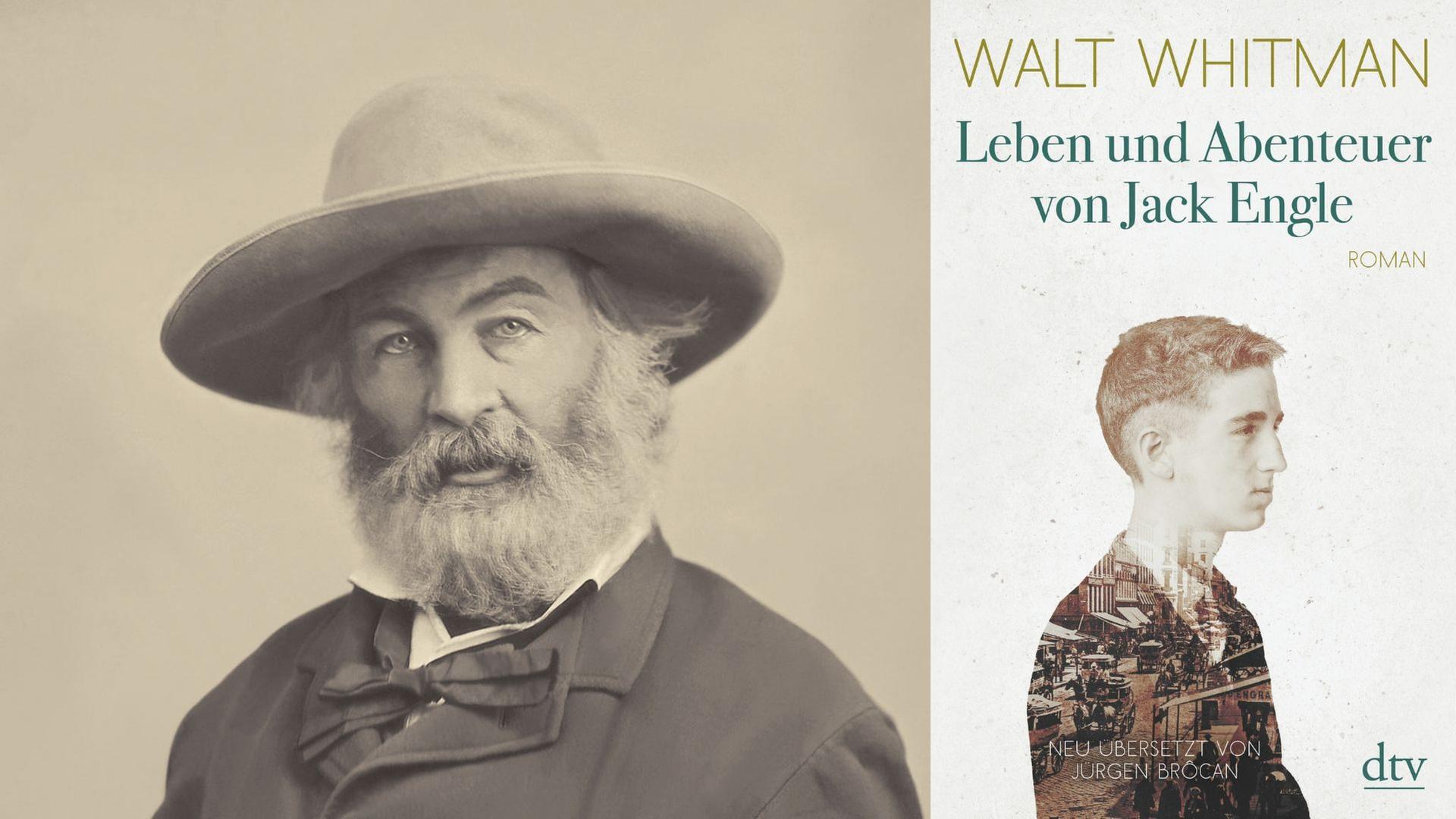 Zu sehen ist der Autor Walt Whitman und sein Roman "Leben und Abenteuer von Jack Engle"