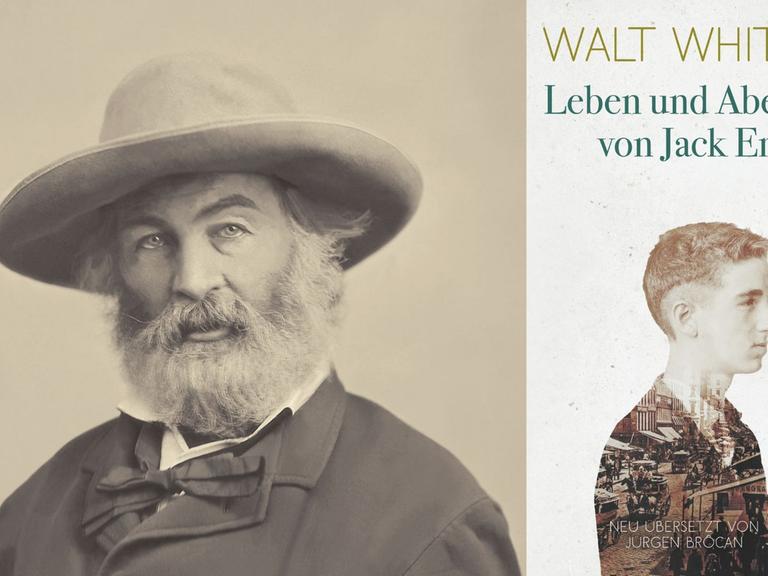 Zu sehen ist der Autor Walt Whitman und sein Roman "Leben und Abenteuer von Jack Engle"