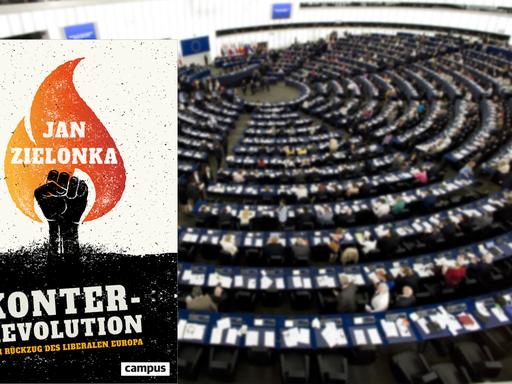 Cover des Buchs "Konterrevolution. Der Rückzug des liberalen Europa" von Jan Zielonka vor dem Hintergrund einer Sitzung des Europaparlaments in Straßburg.