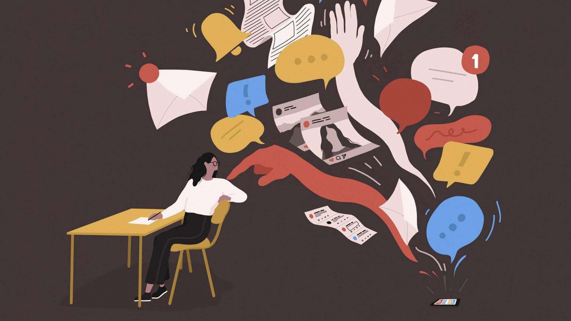 Illustration: eine Frau sitzt am Schreibtisch, eine Hand tippt auf ihre Schulter und viele Sprechblasen und Medien strömen auf sie ein. Illustration: eine Frau sitzt am Schreibtisch, eine Hand tippt auf ihre Schulter und viele Sprechblasen und Medien strömen auf sie ein.