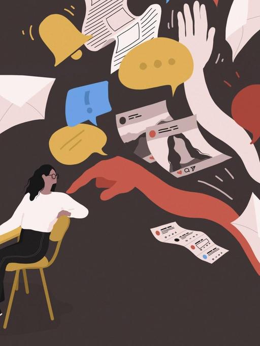 Illustration: eine Frau sitzt am Schreibtisch, eine Hand tippt auf ihre Schulter und viele Sprechblasen und Medien strömen auf sie ein.