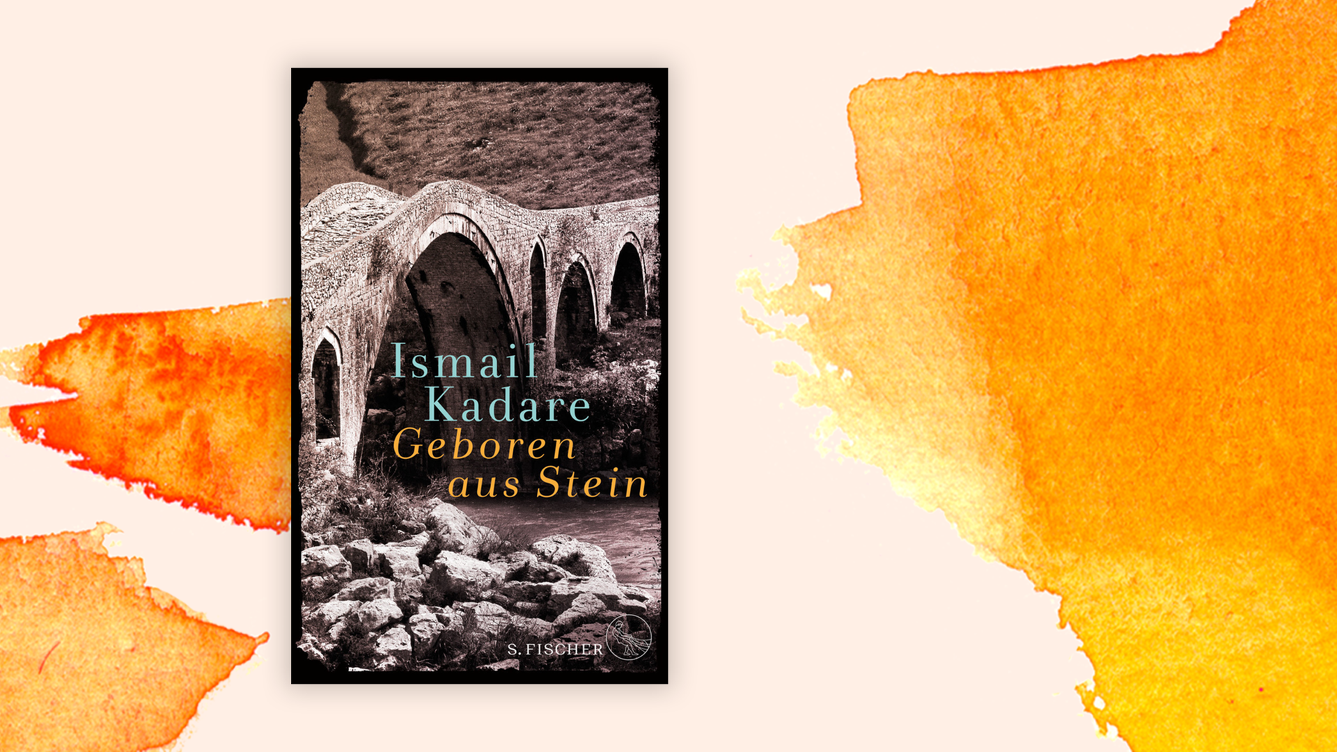 Zu sehen ist das Buchcover des albanischen Autors Ismail Kadare "Geboren aus Stein" auf einem orange-weißem Hintergrund.