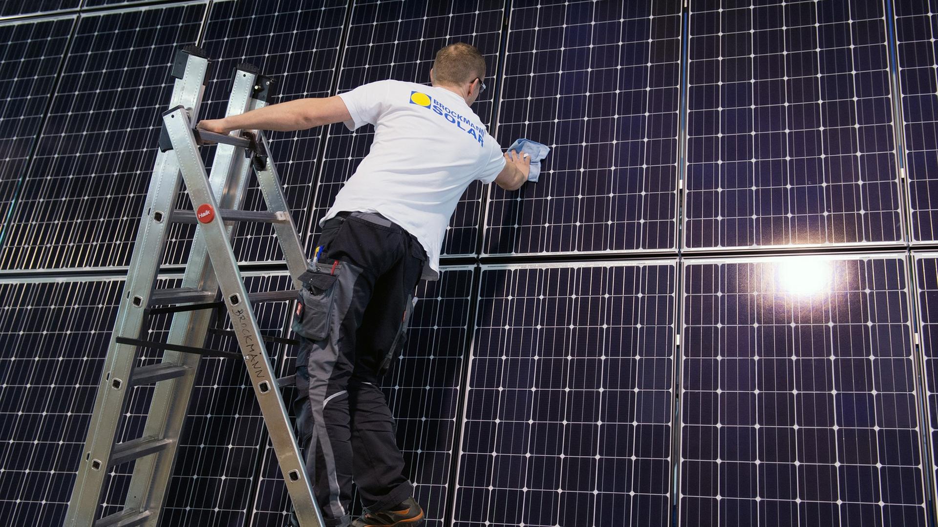 Ein Mitarbeiter einer Dresdner Solarfirma steht auf einer Leiter und legt letzte Hand an einer Photovoltaikanlage an, bei der die Solarzellen senkrecht an einer Wand angebracht sind. Ein Mitarbeiter einer Dresdner Solarfirma steht auf einer Leiter und legt letzte Hand an einer Photovoltaikanlage an, bei der die Solarzellen senkrecht an einer Wand angebracht sind.