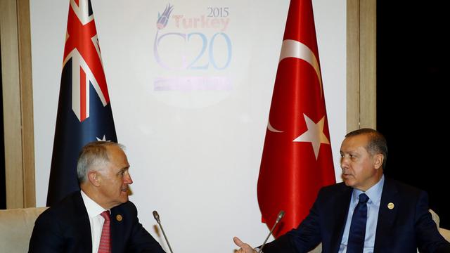 Der türkische Präsident Recep Tayyip Erdogan (rechts) und Australiens Premierminister Malcolm Turnbull trafen sich schon vor der Eröffnung des G-20-Gipfels in Belek/Antalya.