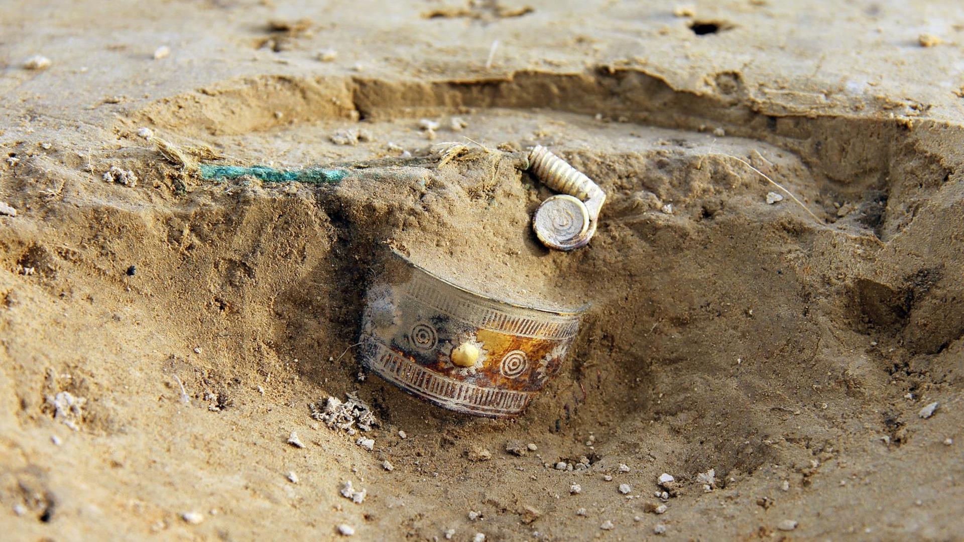 Bei Grabungen an der Nordeuropäischen Erdgas-Pipeline haben Archäologen im Kreis Diepholz einen Goldschatz entdeckt. Wahrscheinlich stammt der Goldfund aus der frühen Bronzezeit, also 2000 bis 1200 vor Christi. Bei Grabungen an der Nordeuropäischen Erdgas-Pipeline haben Archäologen im Kreis Diepholz einen Goldschatz entdeckt. Wahrscheinlich stammt der Goldfund aus der frühen Bronzezeit, also 2000 bis 1200 vor Christi.