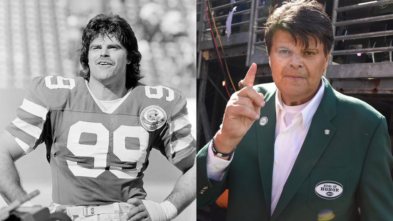 Mark Gastineau in seiner aktiven Zeit 1984 (l.) und im Herbst 2017 als Zuschauer eines Football-Spiels in New York Mark Gastineau in seiner aktiven Zeit 1984 (l.) und im Herbst 2017 als Zuschauer eines Football-Spiels in New York