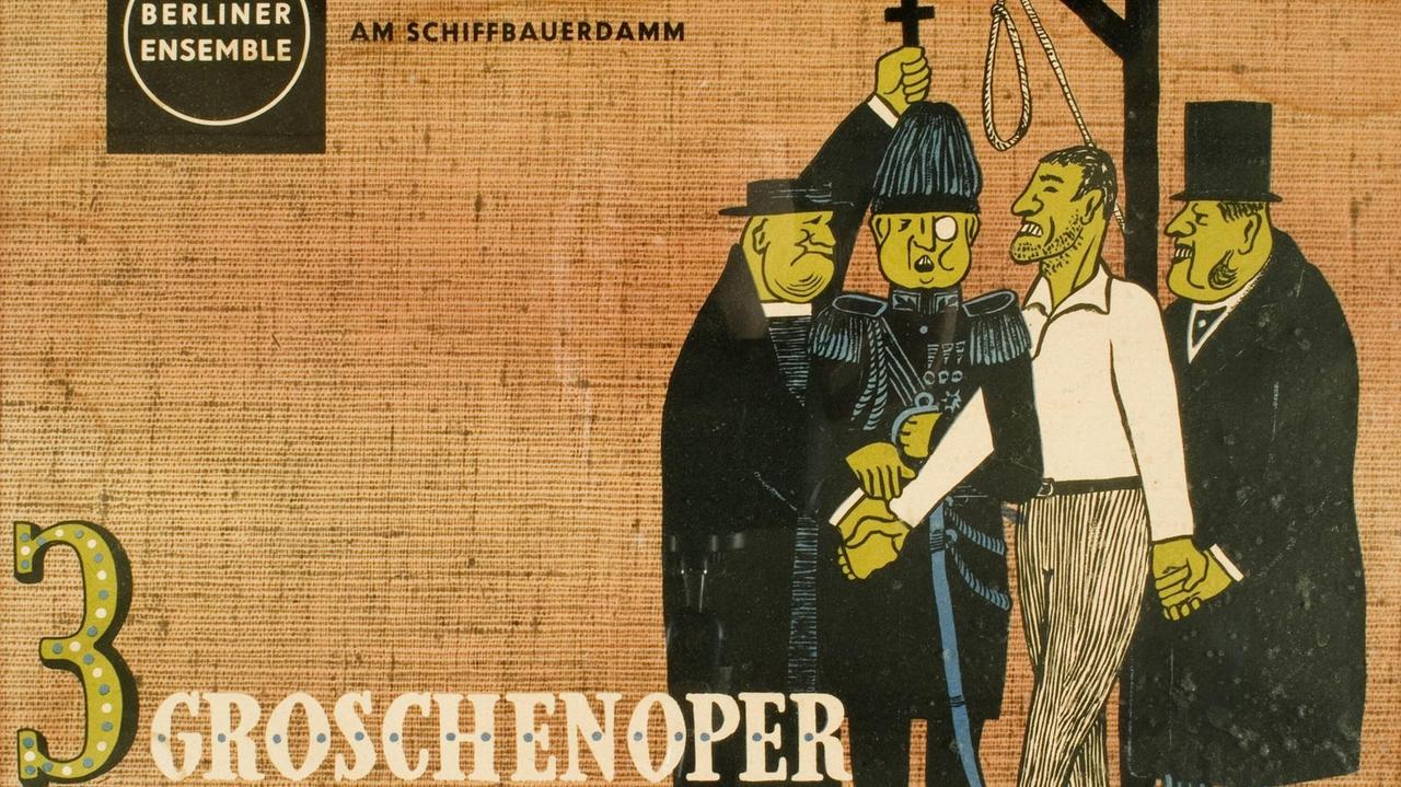 Zeichnung der Figuren aus der Dreigroschenoper, bei der ein einfacher Mann von Polizisten und Frakträgern zum Galgen gedrängt wird. Zeichnung der Figuren aus der Dreigroschenoper, bei der ein einfacher Mann von Polizisten und Frakträgern zum Galgen gedrängt wird.