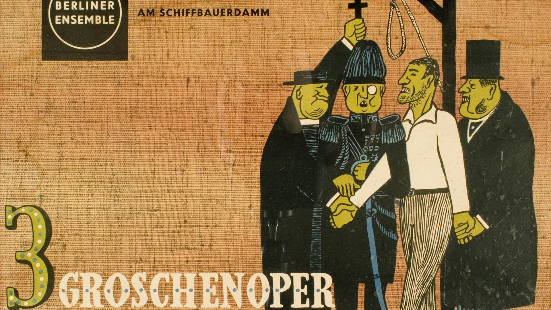 Zeichnung der Figuren aus der Dreigroschenoper, bei der ein einfacher Mann von Polizisten und Frakträgern zum Galgen gedrängt wird. Zeichnung der Figuren aus der Dreigroschenoper, bei der ein einfacher Mann von Polizisten und Frakträgern zum Galgen gedrängt wird.