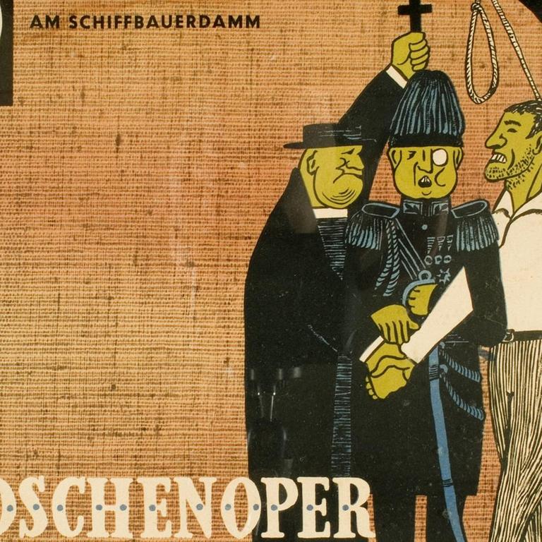Zeichnung der Figuren aus der Dreigroschenoper, bei der ein einfacher Mann von Polizisten und Frakträgern zum Galgen gedrängt wird.