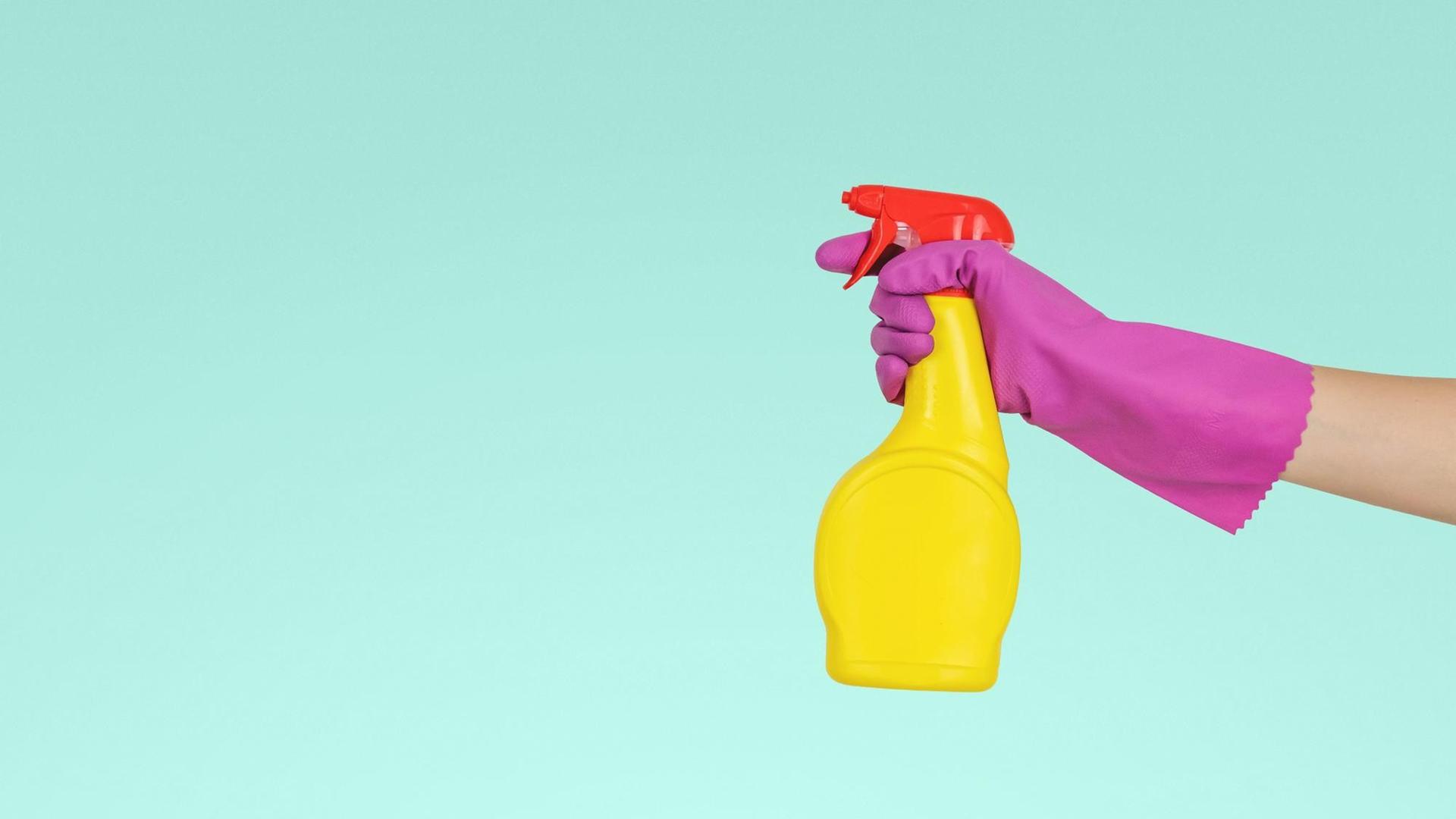 Eine gummibehandschuhte Hand hält eine Sprühflasche mit Putzmittel. Eine gummibehandschuhte Hand hält eine Sprühflasche mit Putzmittel.
