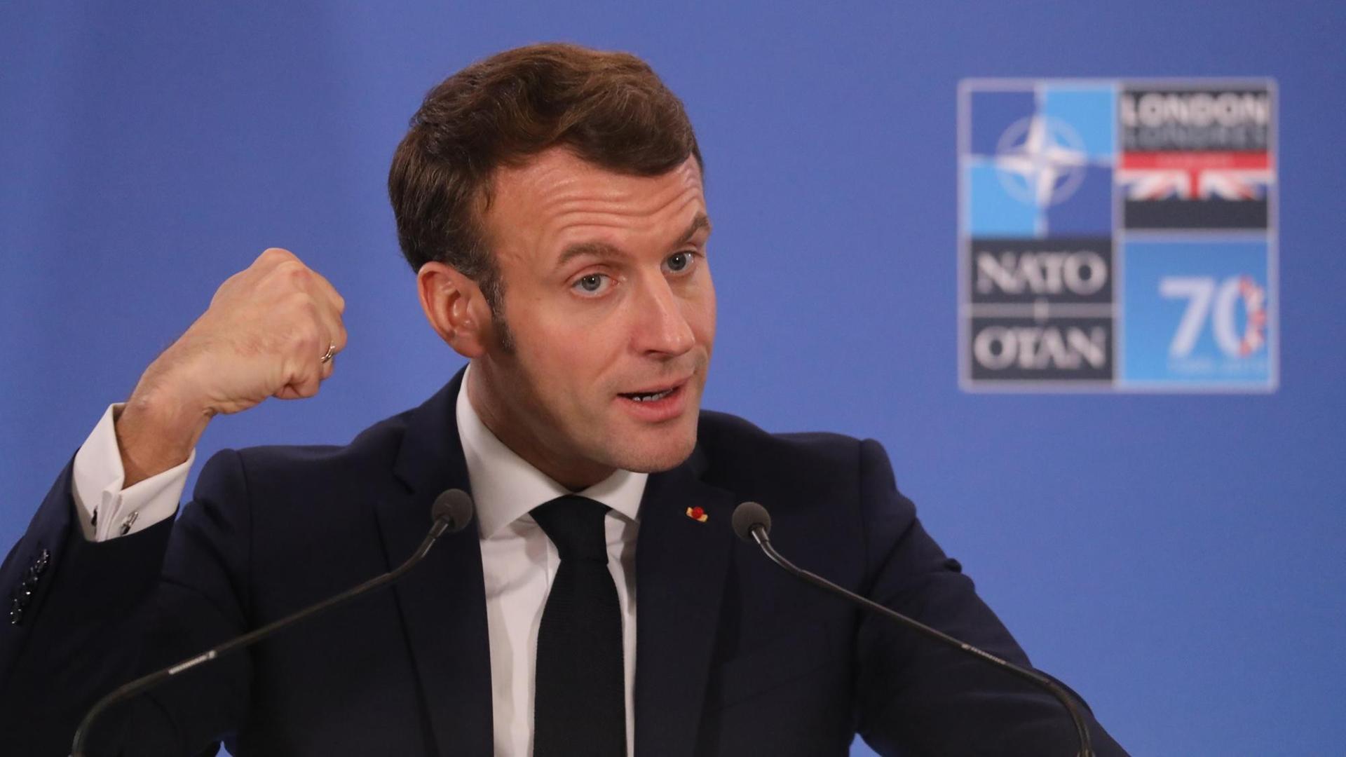 Frankreichs Präsident Emmanuel Macron auf dem NATO-Gipfel am 4. Dezember 2019 bei London Frankreichs Präsident Emmanuel Macron auf dem NATO-Gipfel am 4. Dezember 2019 bei London