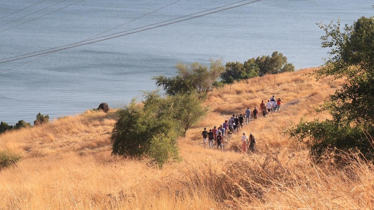 Ein weites Feld vor dem See Genezareth in Israel. Eine Gruppe von Wanderern ist in der Ferne zu sehen. Ein weites Feld vor dem See Genezareth in Israel. Eine Gruppe von Wanderern ist in der Ferne zu sehen.