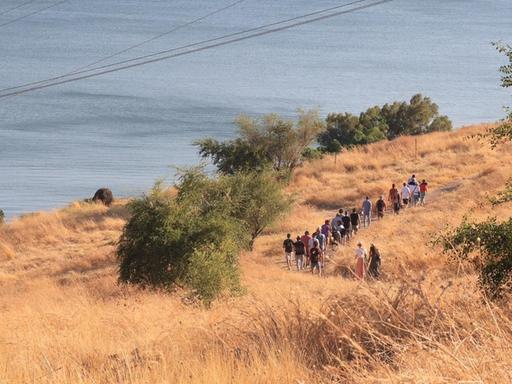 Ein weites Feld vor dem See Genezareth in Israel. Eine Gruppe von Wanderern ist in der Ferne zu sehen.
