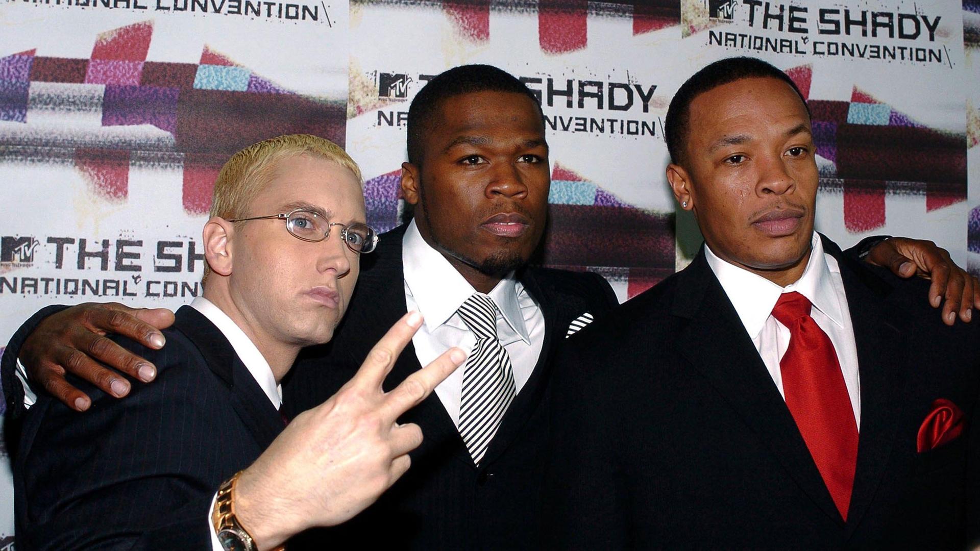 Die US-Rapstars Eminem, 50 Cent und Dr. Dre (Aufnahme aus 2004)