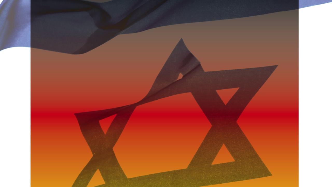 Zu sehen ist die israelische Nationalfahne, die durch einen schwarz-rot-goldenen Farbverlauf überlagert wird Zu sehen ist die israelische Nationalfahne, die durch einen schwarz-rot-goldenen Farbverlauf überlagert wird
