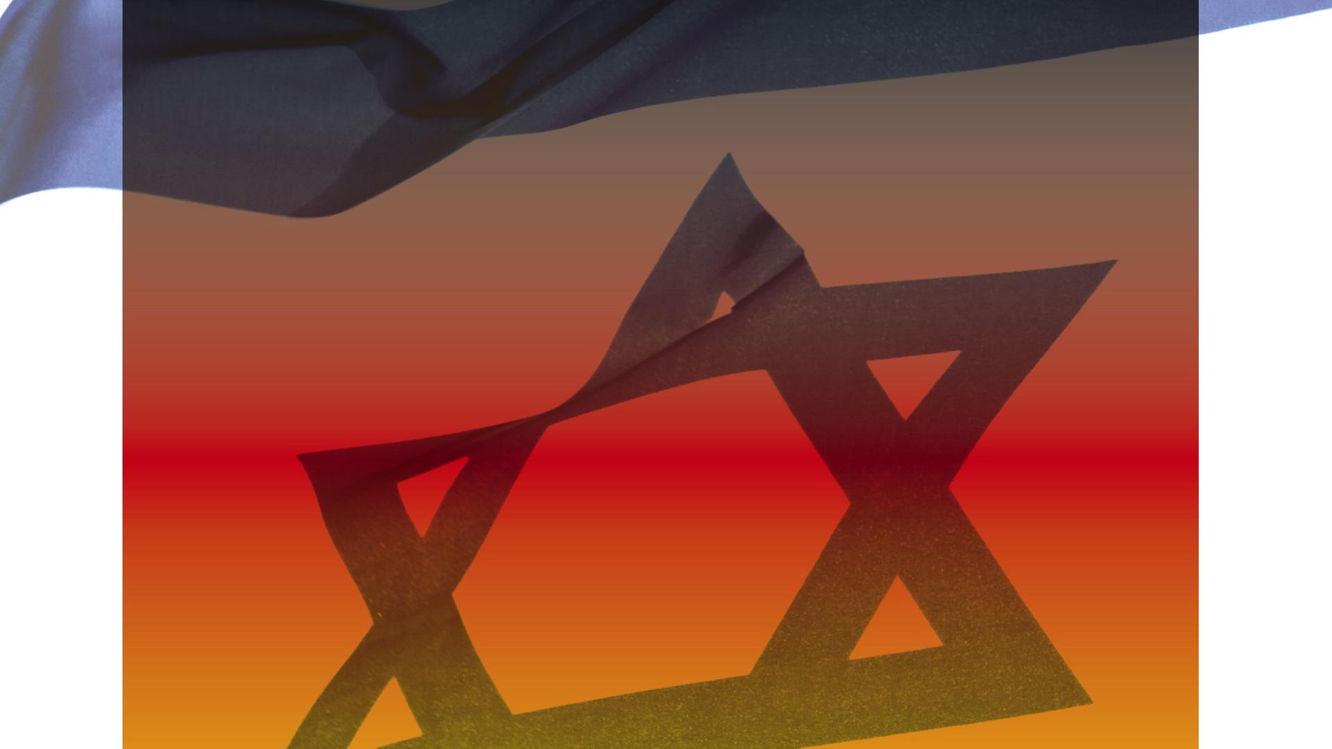Zu sehen ist die israelische Nationalfahne, die durch einen schwarz-rot-goldenen Farbverlauf überlagert wird