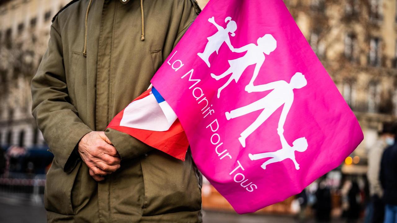 Detail der gekreuzten Hände eines Demonstranten mit einer französischen Flagge und einer Flagge der Demonstration mit einer Darstellung einer Normafamilie mit Vater, Mutter und zwei Kinder.