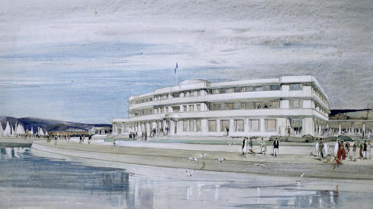 Illustration des Midland Hotels mit Strandansicht. Illustration des Midland Hotels mit Strandansicht.