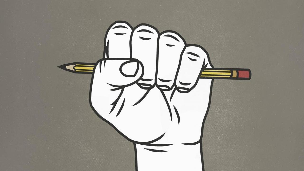 Eine zur Faust geballte Hand wird nach oben gestreckt — in der Faust steckt ein Bleistift (Illustration)