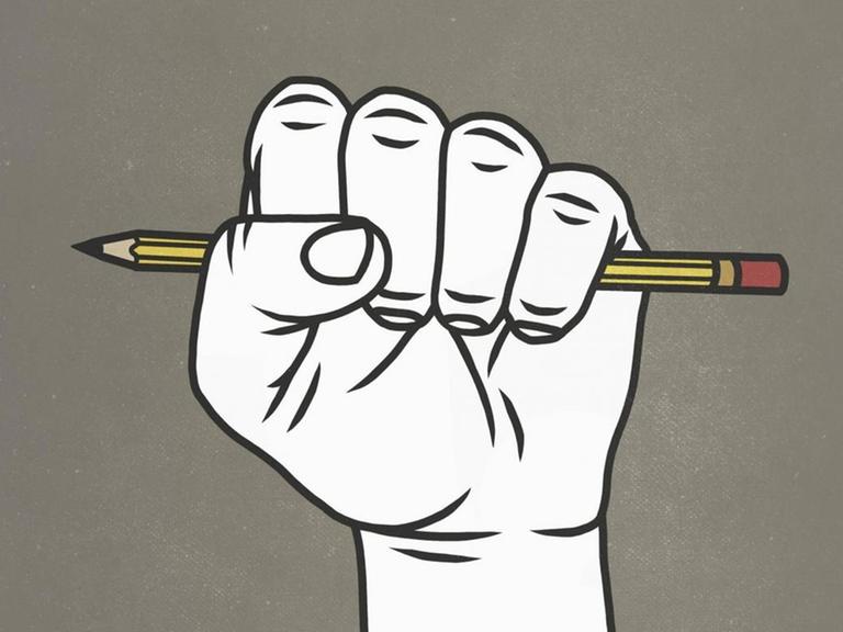 Eine zur Faust geballte Hand wird nach oben gestreckt — in der Faust steckt ein Bleistift (Illustration)
