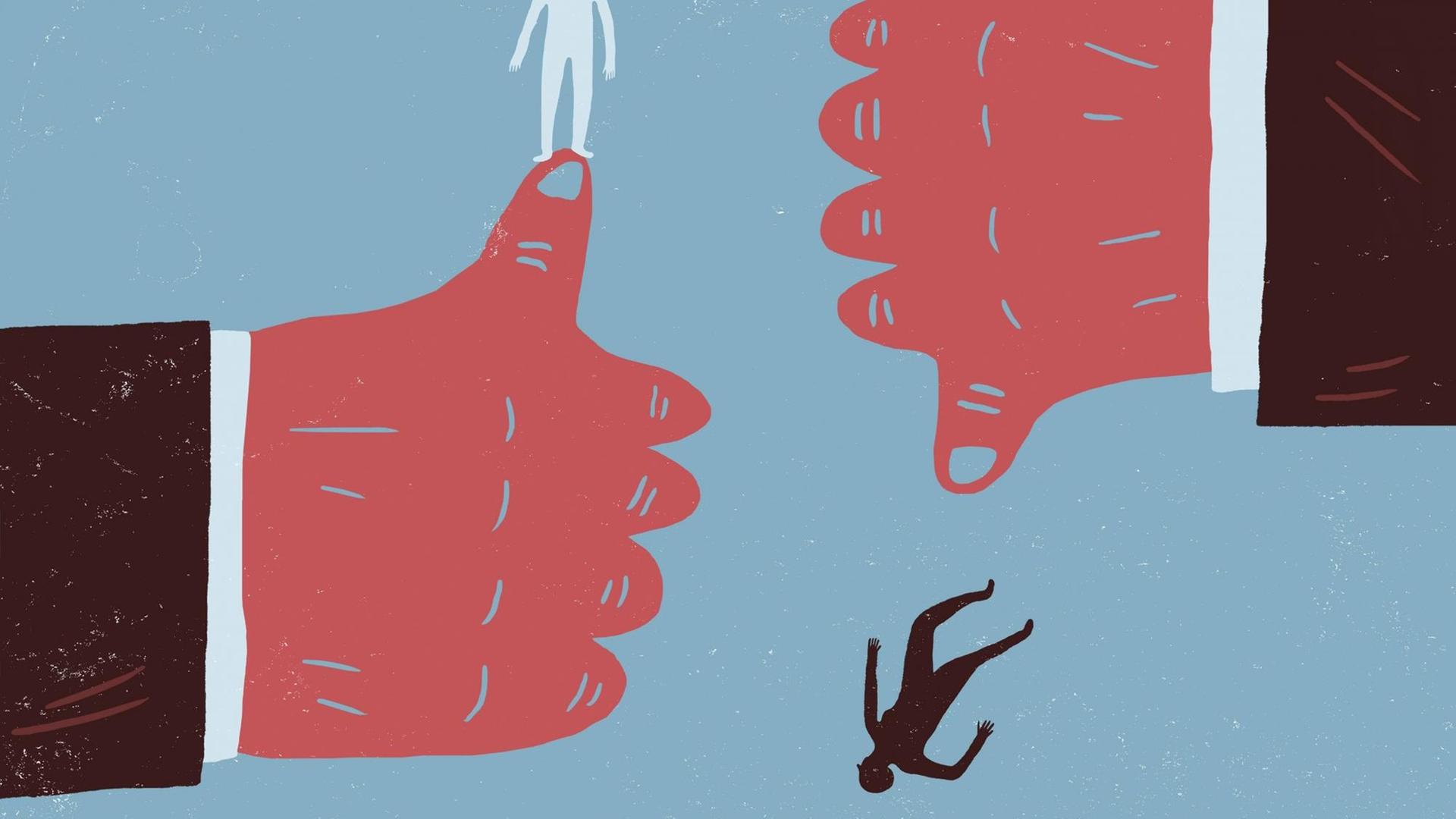 Illustration zum Thema Rassismus, ein Daumen trägt einen weißen Menschen auf der Daumenspitze und zeigt nach oben; ein zweiter Daumen zeigt nach unten auf einen fallenden schwarzen Menschen. Illustration zum Thema Rassismus, ein Daumen trägt einen weißen Menschen auf der Daumenspitze und zeigt nach oben; ein zweiter Daumen zeigt nach unten auf einen fallenden schwarzen Menschen.