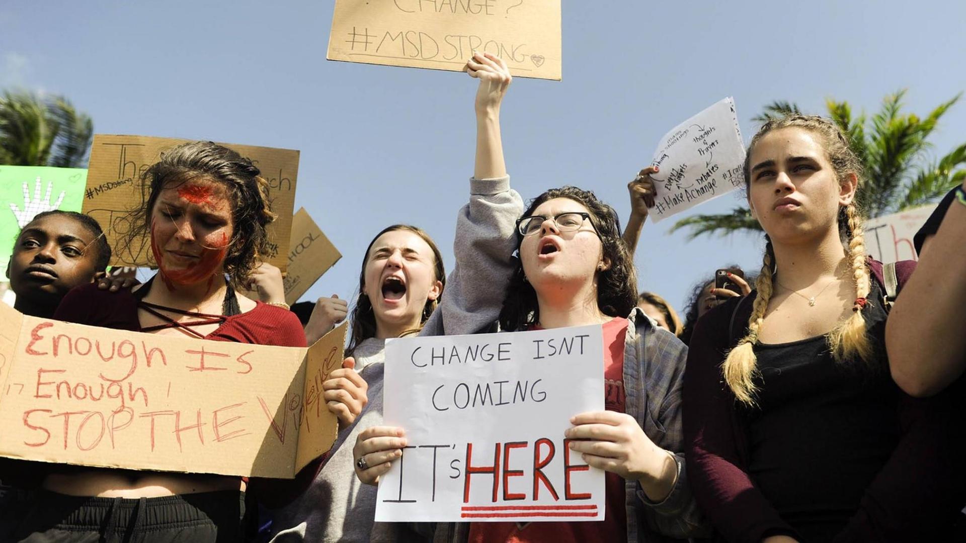 In Palm Beach in Florida haben bereits am 21. Februar Schüler mit einem sogenannten "Walkout" gegen Waffengewalt protestiert. Sie verließen 17 Minuten ihren Unterricht in Gedenken an die 17 Todesopfer.