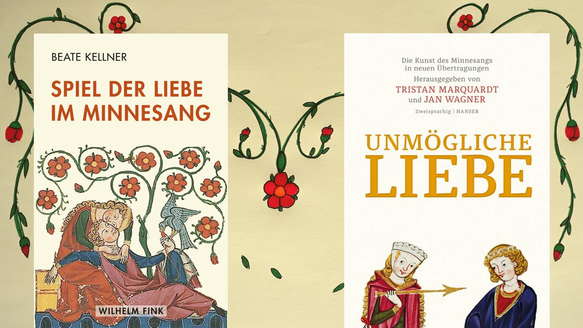 Buchcover links: Beate Kellner: "Spiel der Liebe im Minnesang", Buchcover rechts: Tristan Marquardt/Jan Wagner (Hrsg.): "Unmögliche Liebe. Die Kunst des Minnesangs in neuen Übertragungen" Buchcover links: Beate Kellner: "Spiel der Liebe im Minnesang", Buchcover rechts: Tristan Marquardt/Jan Wagner (Hrsg.): "Unmögliche Liebe. Die Kunst des Minnesangs in neuen Übertragungen"