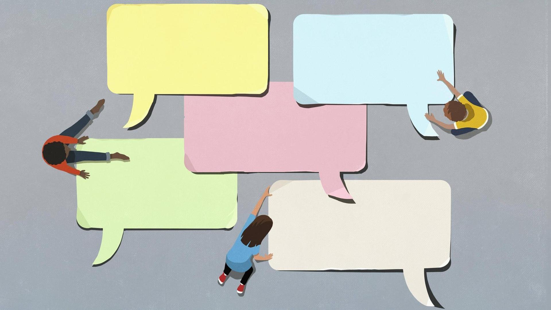Illustration: Kinder unterschiedlicher Hautfarben arrangieren bunte Sprechblasen auf einer grauen Fläche. Illustration: Kinder unterschiedlicher Hautfarben arrangieren bunte Sprechblasen auf einer grauen Fläche.