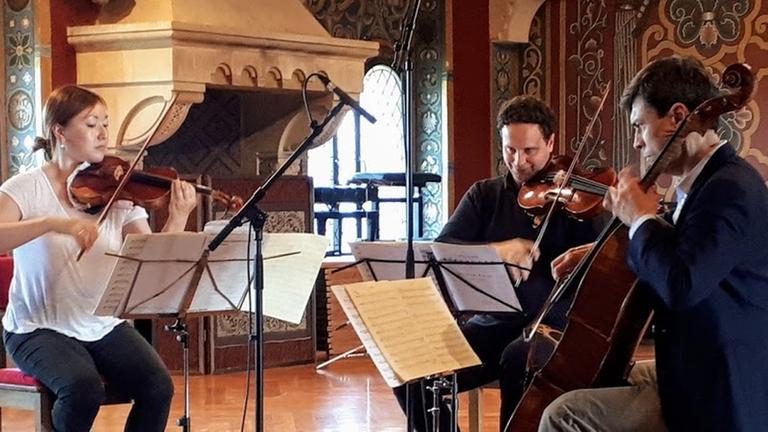 Das Trio probt im historischen Saal der Wartburg in Freizeitkleidung für das abendliche Konzert.