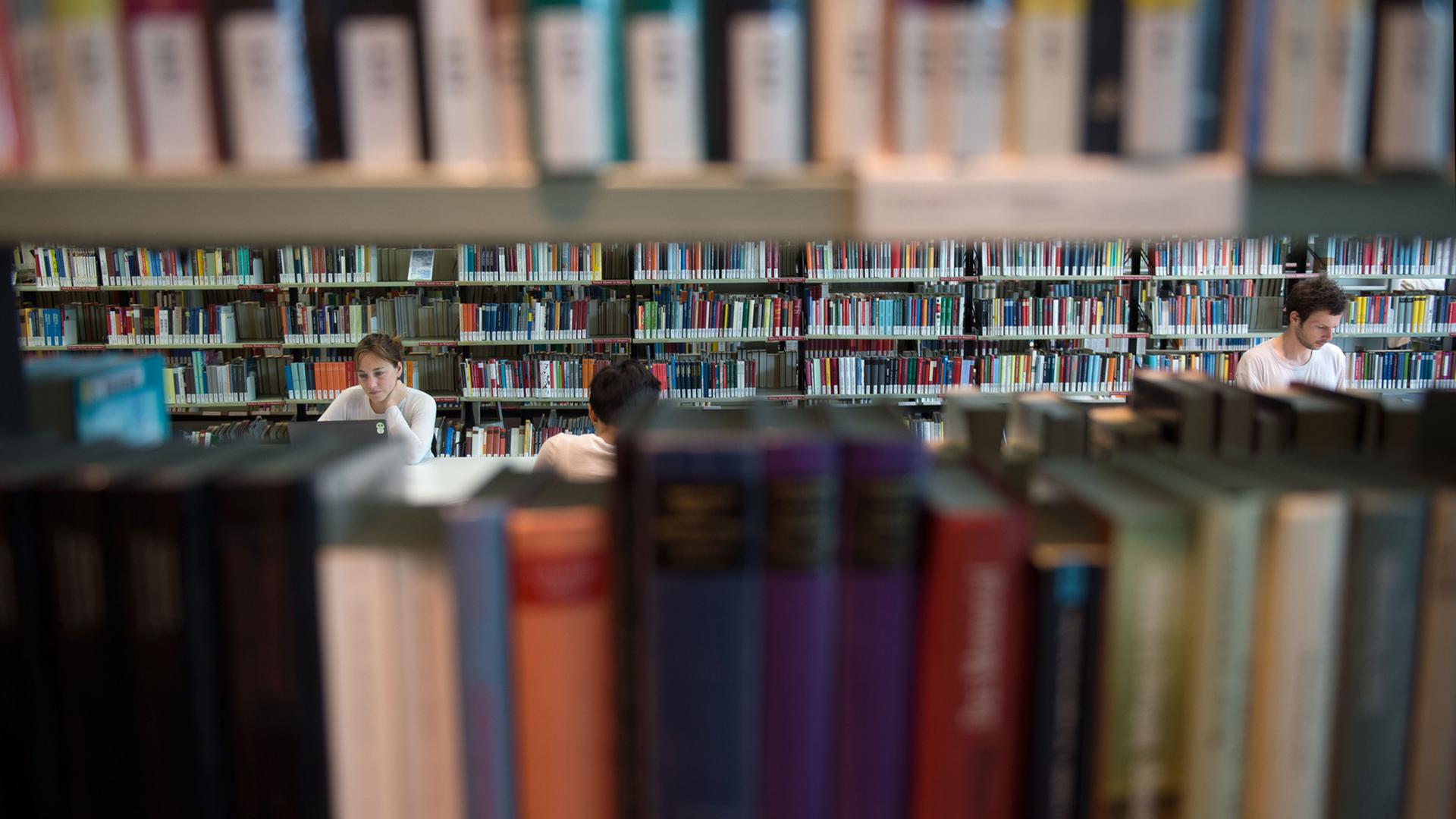 Besucher der Amerika-Gedenkbibliothek in Berlin sitzen zwischen Bücherregalen. Besucher der Amerika-Gedenkbibliothek in Berlin sitzen zwischen Bücherregalen.