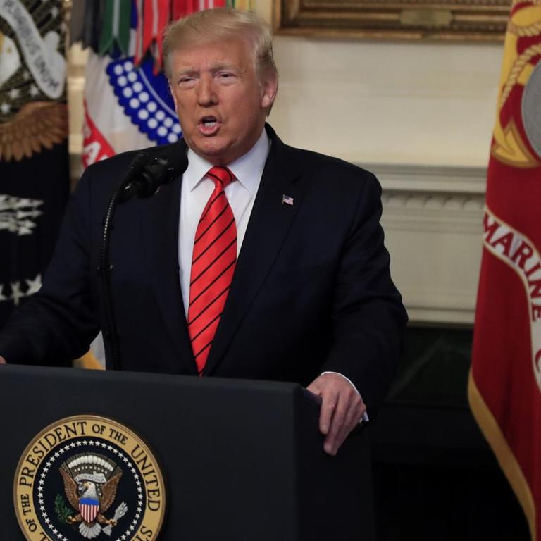 Donald Trump steht an einem Pilt im Weißen Haus und spricht vor Journalisten in Fernsehkameras.