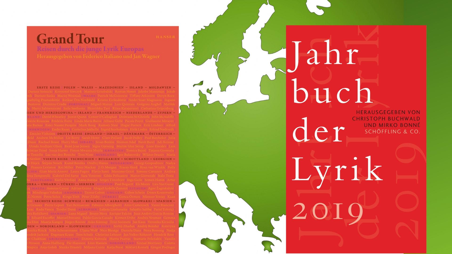 Buchcover links: Jan Wagner/Federico Italiano (Hrsg.): “Grand Tour. Reisen durch die junge Lyrik Europas“, Buchcover rechts: Mirko Bonné/Christoph Buchwald (Hrsg.): „Jahrbuch der Lyrik 2019“ Buchcover links: Jan Wagner/Federico Italiano (Hrsg.): “Grand Tour. Reisen durch die junge Lyrik Europas“, Buchcover rechts: Mirko Bonné/Christoph Buchwald (Hrsg.): „Jahrbuch der Lyrik 2019“