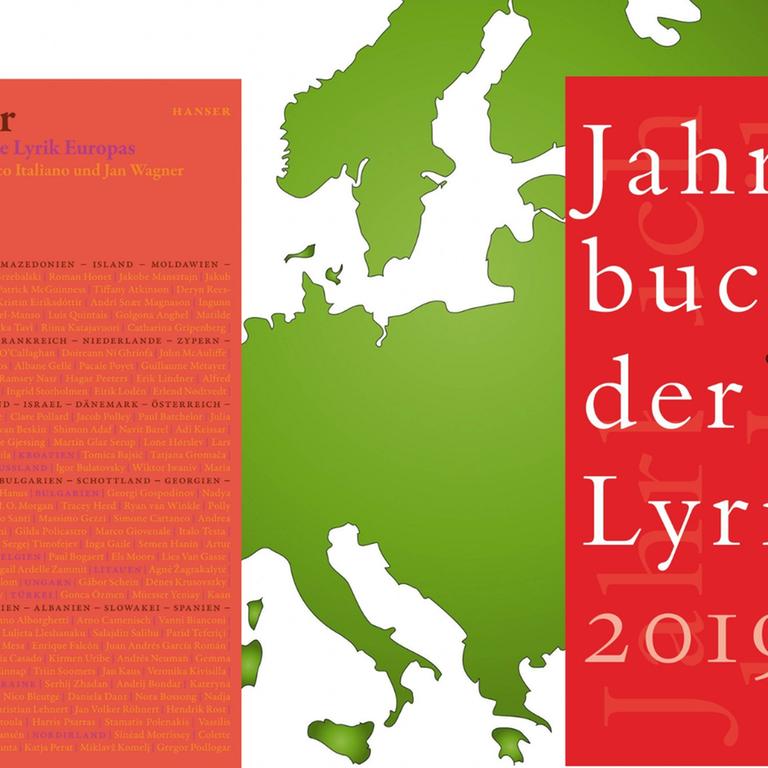 Buchcover links: Jan Wagner/Federico Italiano (Hrsg.): “Grand Tour. Reisen durch die junge Lyrik Europas“, Buchcover rechts: Mirko Bonné/Christoph Buchwald (Hrsg.): „Jahrbuch der Lyrik 2019“
