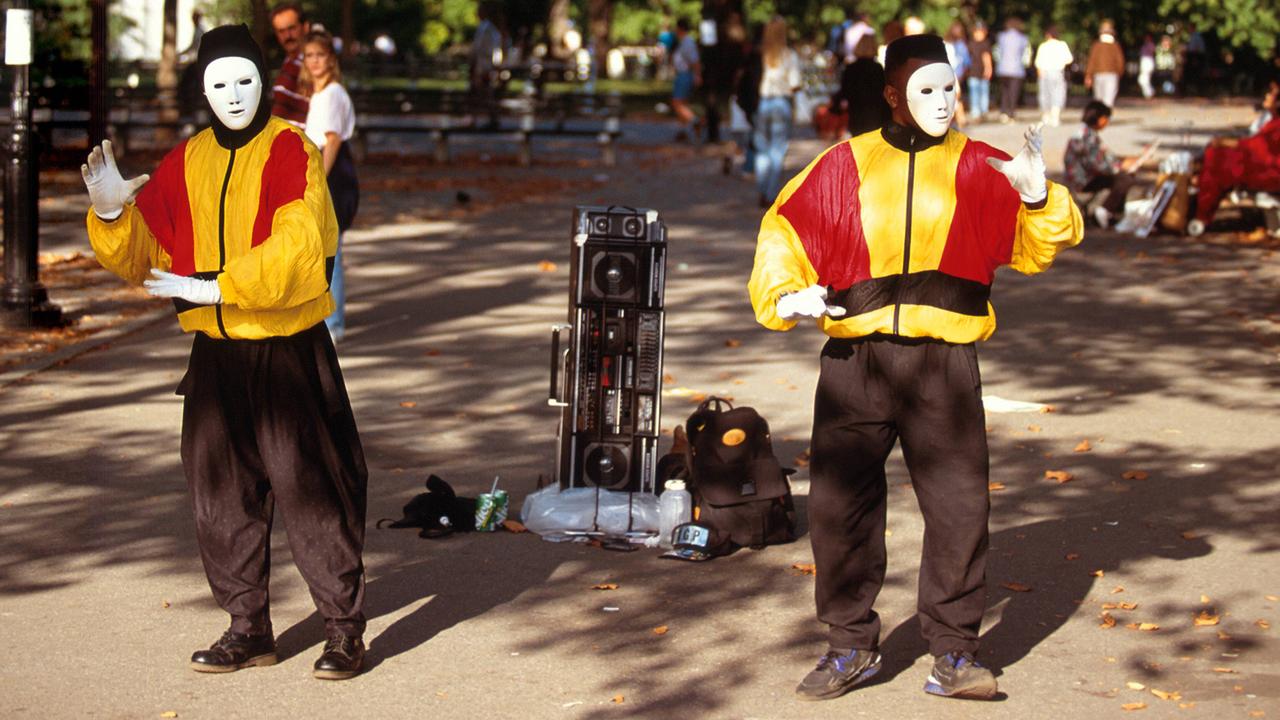 Pantomime-Künstler im September 1992 mit Ghettoblaster im New Yorker Central Park, Pantomime-Künstler im September 1992 mit Ghettoblaster im New Yorker Central Park,