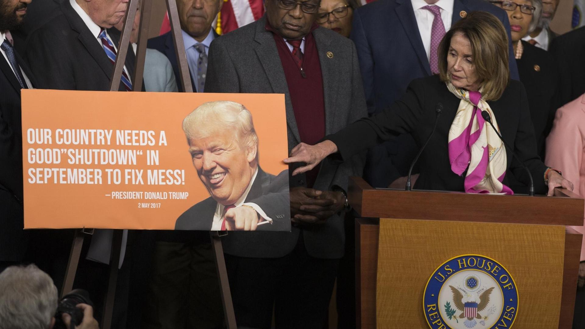 Nancy Pelosi steht an einem Podest im US-Kongress und zeigt mit dem Finger auf ein Plakat, dass einen Tweet des US-Präsidenten Donald Trump abbildet: "Our county needs a good 'shutdown' in September to fix mess!"