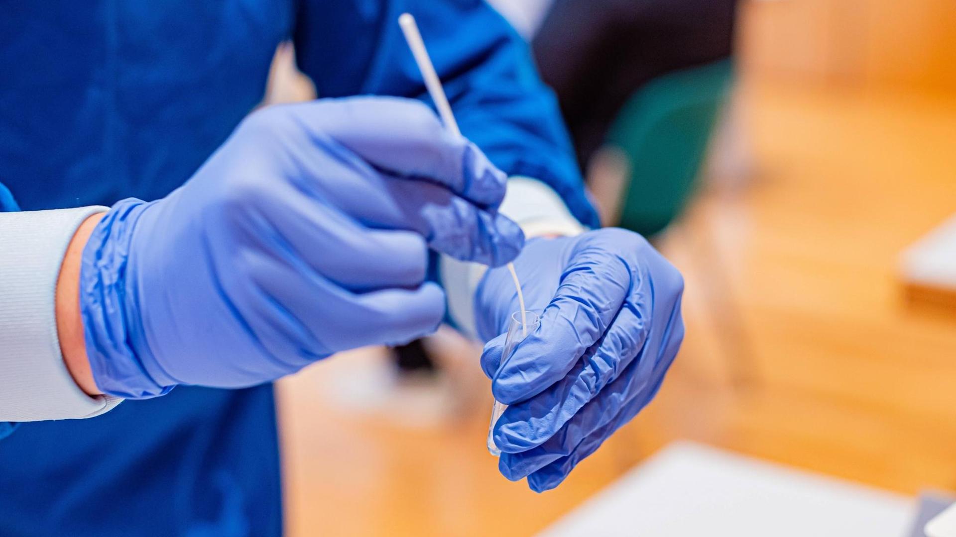 Eine Person mit Gummihandschuhen hält einen Corona-Schnelltest in den Händen Eine Person mit Gummihandschuhen hält einen Corona-Schnelltest in den Händen
