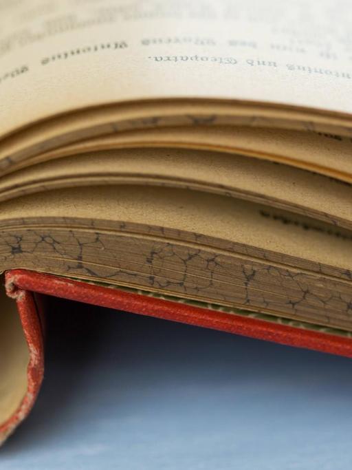 Corner of the page of an aged open vintage hardcover book with yellowed pages in a close up selective focus view Corner of the page of an aged open book Copyright: xJuliaxPfeiferx