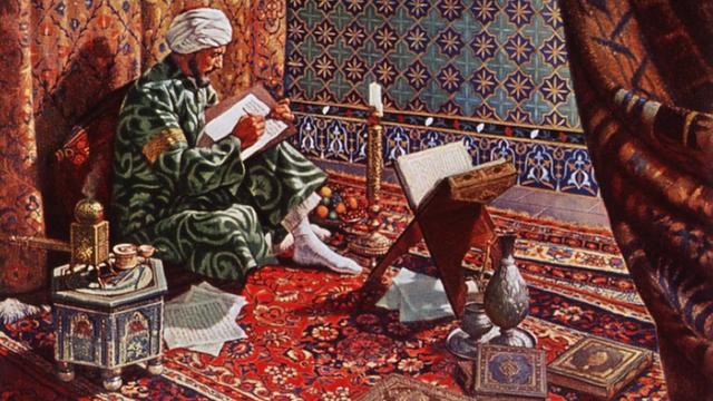 Illustration von Ibn Sina (Avicenna) wie er von Büchern umgeben während seines Studiums auf einem persischen Teppich sitzt