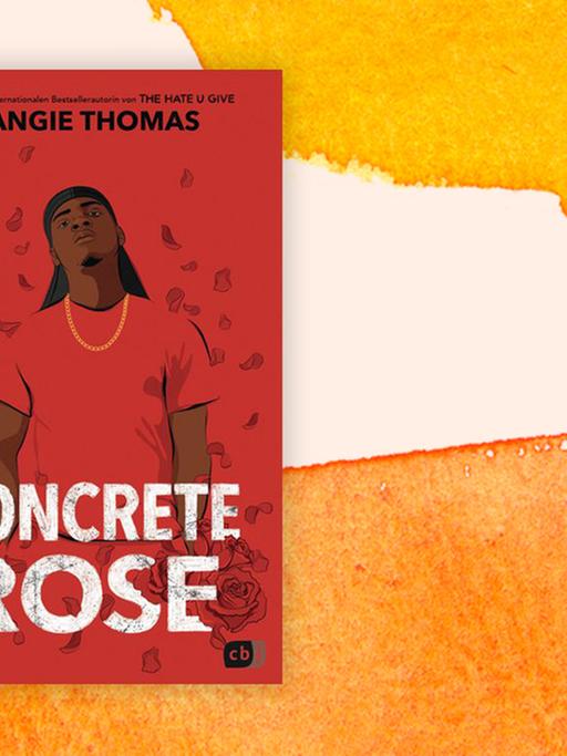 Das Buchcover "Concrete Rose" von Angie Thomas ist vor einem grafischen Hintergrund zu sehen.
