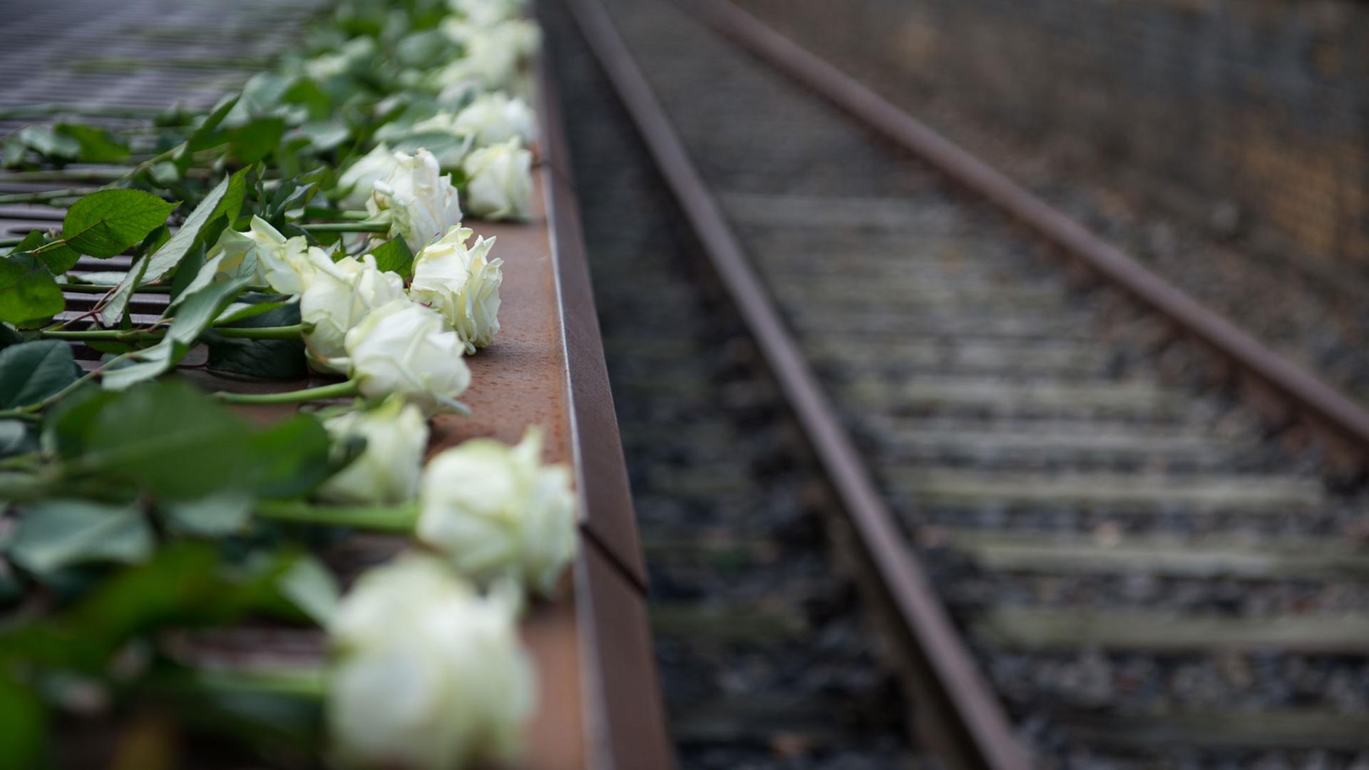 Weiße Rosen liegen neben einem Gleis: Bei der Gedenkfeier "Gleis 17" nahe dem heutigen S-Bahnhof Grunewald wurde an die erste Deportation jüdischer Berliner Bürger in ein NS-Vernichtungslager 1941 erinnert.