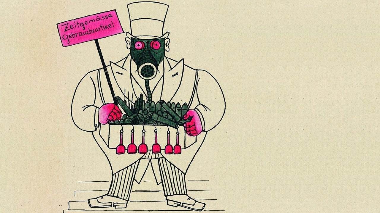 Eine Karikatur zeigt einen Gasmaske tragenden Mann mit Bauchladen, in dem viele Miniaturwaffen zu sehen sind. Auf einem Schild wird für "Zeitgemäße Gebrauchsartikel" geworben. Eine Karikatur zeigt einen Gasmaske tragenden Mann mit Bauchladen, in dem viele Miniaturwaffen zu sehen sind. Auf einem Schild wird für "Zeitgemäße Gebrauchsartikel" geworben.
