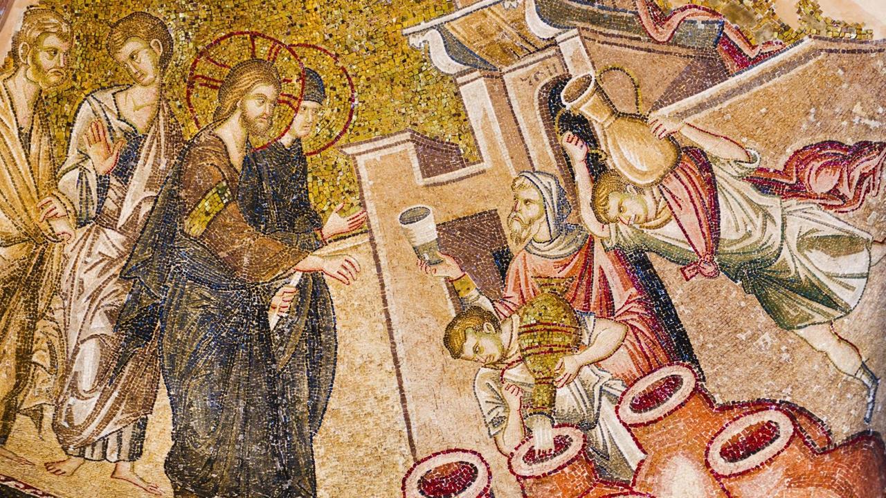 Mosaik mit dem Motiv der "Verwandlung von Wasser in Wein" in der Chora-Kirche, Istanbul