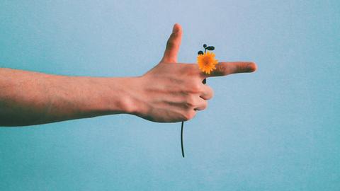 Eine Hand wird zu einer Pistole geformt und trägt gleichzeitig eine Blume.