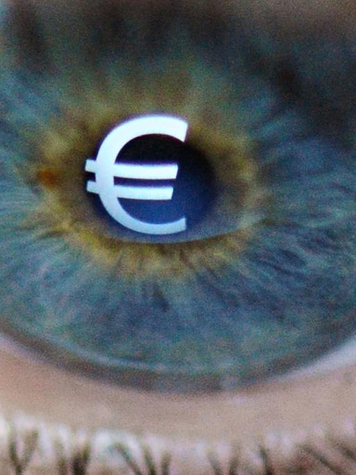 ILLUSTRATION - Ein Eurozeichen spiegelt sich am 08.01.2014 in Frankfurt am Main (Hessen) im Auge einer Frau (Aufnahme gespiegelt). Foto: Daniel Reinhardt/dpa